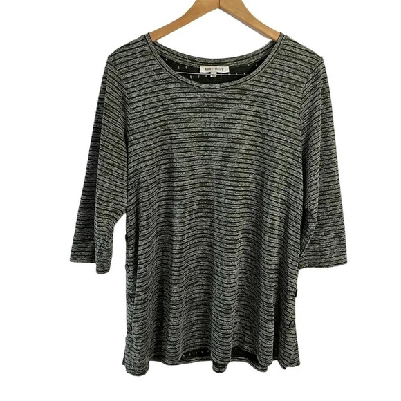Rose + Olive Green and White Striped Blouse 1X Statement Button Details on Side - Picture 1 of 5